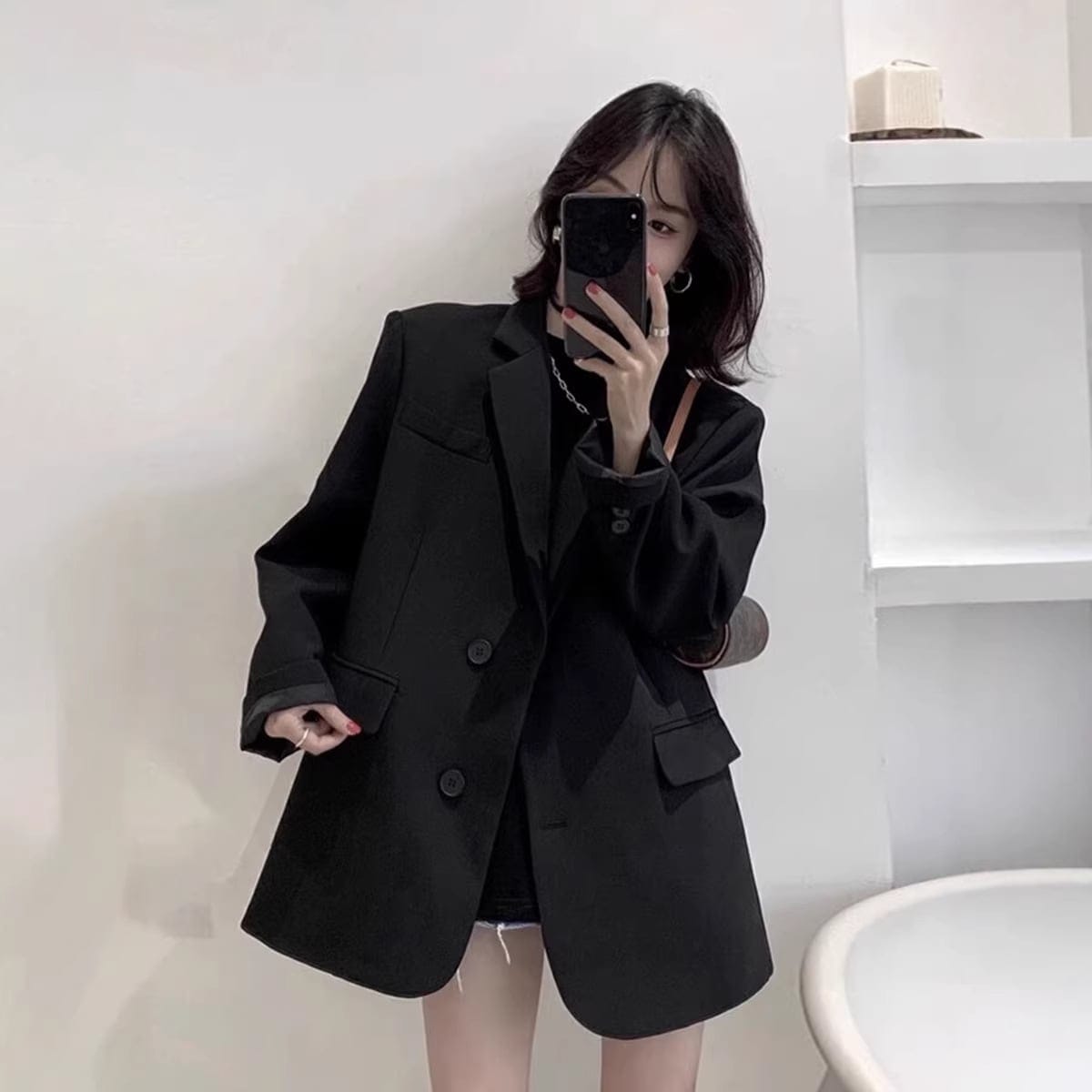 ブラックアウター 新作韓国風ルーズ 小柄女性用 春秋 スーツ