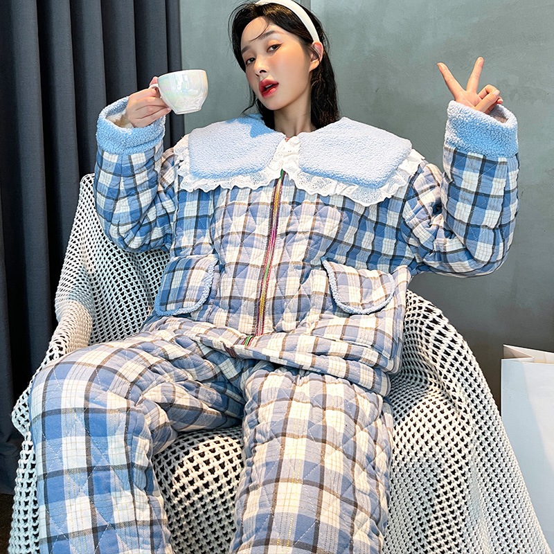 暖かい 厚手 パジャマ もこもこ 冬 レディース 上下セット ナイトウェア ルームウェア 長袖 大きいサイズパジャマ女性秋冬純綿厚手三層特厚綿人形襟格子家庭服セット