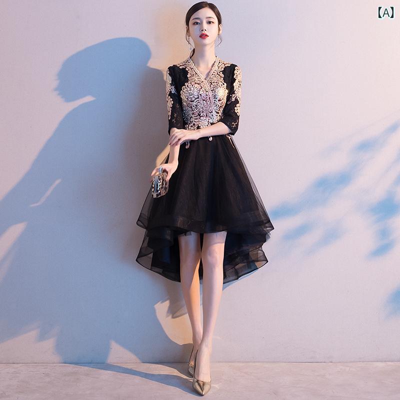 ドレス　パーティー　レディース 誕生日 パーティーの 小さい イブニングドレスの スカート 2025 高貴な の 黒の ミディアム 丈の 大人 ドレスの 女性
