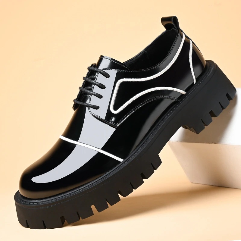 メンズレザーシューズカジュアル英国スタイル厚底ビッグヘッドレザーシューズファッション明るいレザー理髪店ビジネスメンズシューズ
