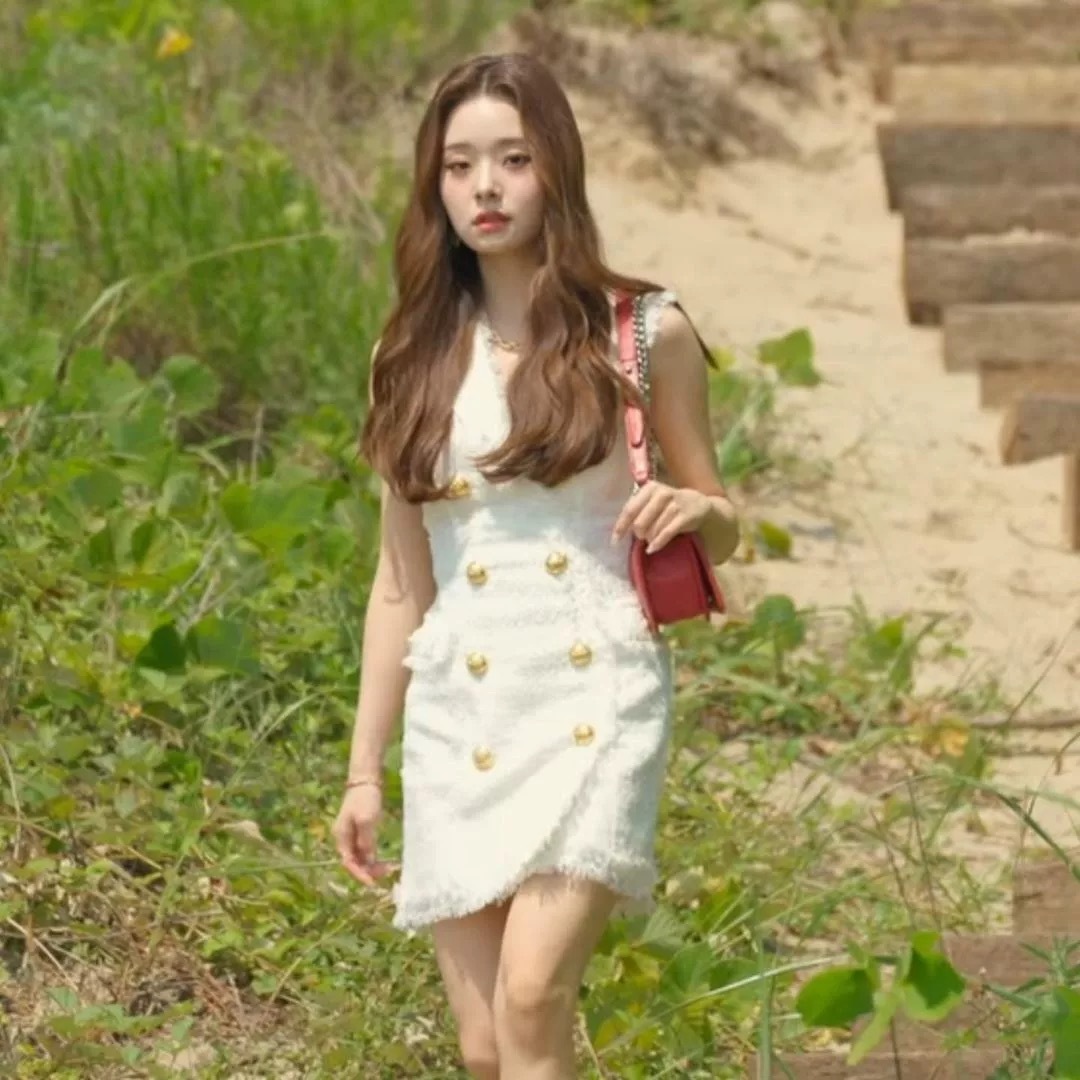 トレンド 韓国風 オルチャン ワンピース レトロ ダブルボタン ジャンスカ ジャンパースカート ポケット ボタン ワンピ ミニ丈 ミニ ショート Vネック 袖なし ノースリーブ ストレート フェミニン