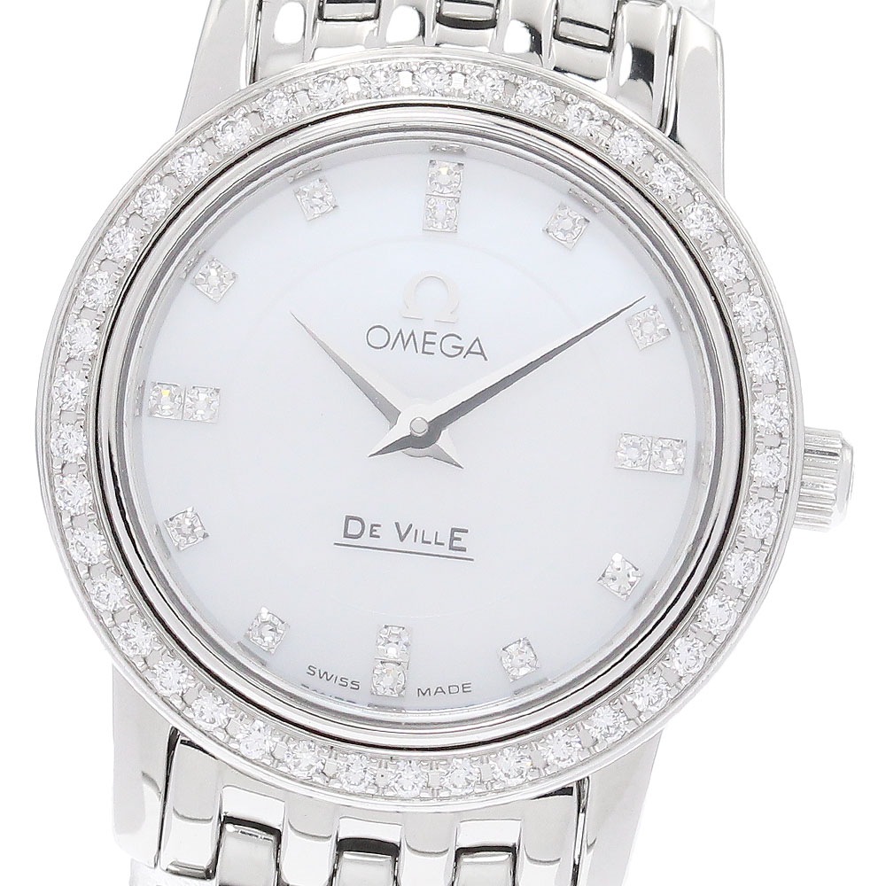 オメガ OMEGA 4575.75 デビル プレステージ 16P ダイヤベゼル シェル文字盤 クォーツ レディース 良品 保証書付き_962073【中古】