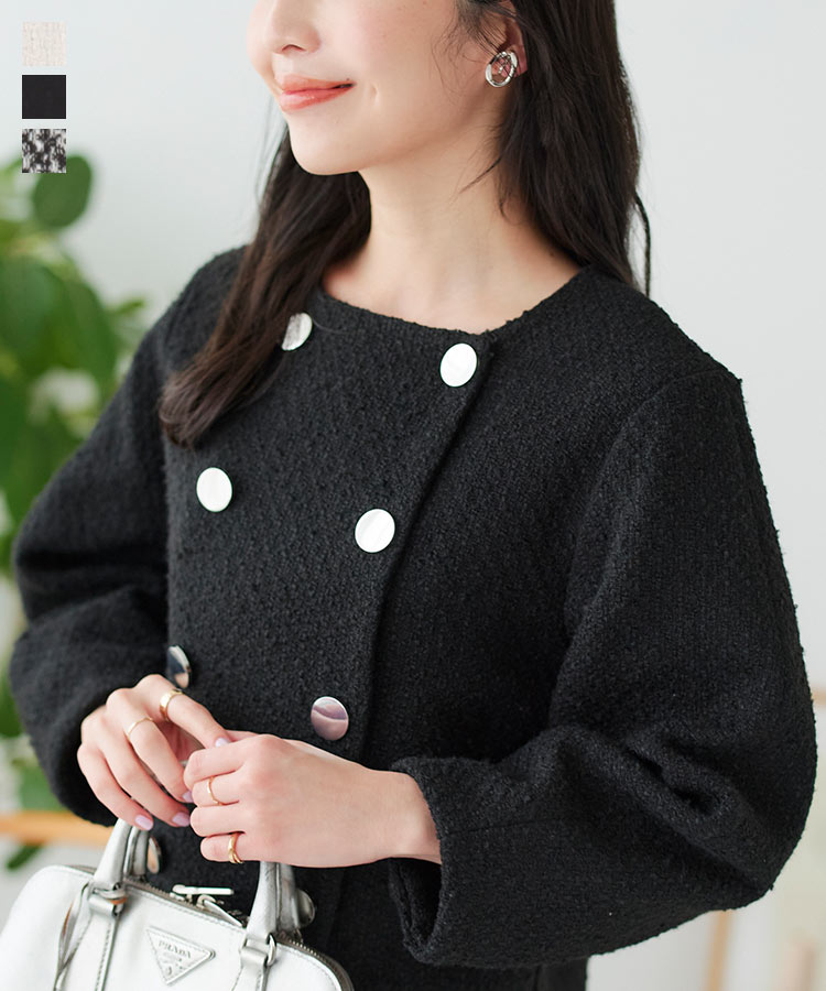 ボリュームスリーブ ショート丈 ツイードジャケット レディース アウター 羽織り ジャケット ツイード ショート丈 ノーカラー 7分袖 入学式 卒業式 セレモニー フォーマル 入園式 ツウィード コー