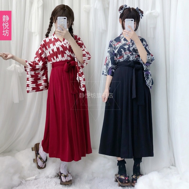 矢形の鯉のぼりと和風プリントが施された改良和服トップスプリーツスカートロングスカート浴衣着物