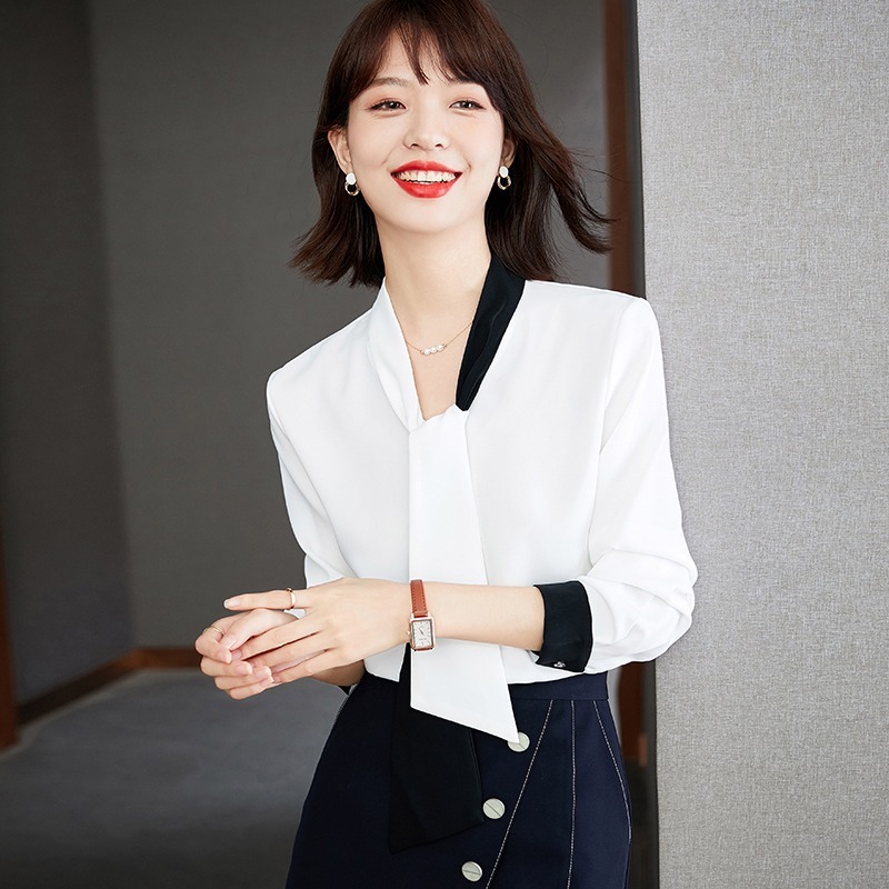 トップス ブラウス プルオーバー 長袖 Vネック 襟なし ノーカラー ボウタイ ストレート Iライン フォーマル フェミニン ストリート 配色 きれいめ シンプル 上品 おしゃれ かっこいい