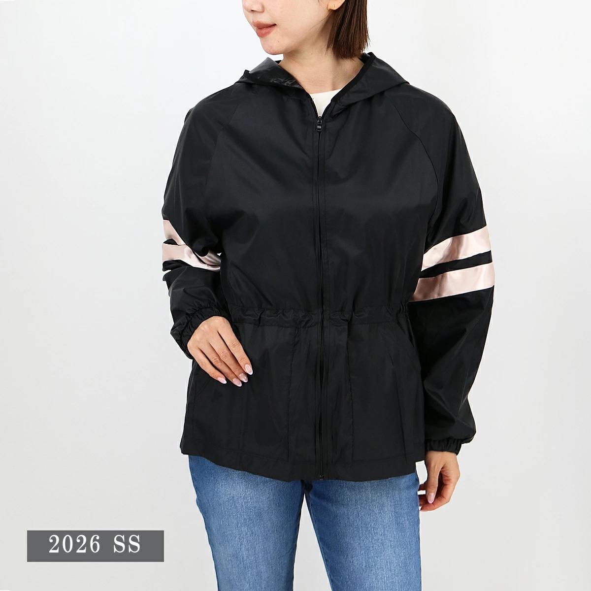 S0699 WIND JACKET シグネチャーサテン ウィンドブレーカー ナイロンジャケット マウンテンパーカー アウター フーディー レディース トップス BLACK