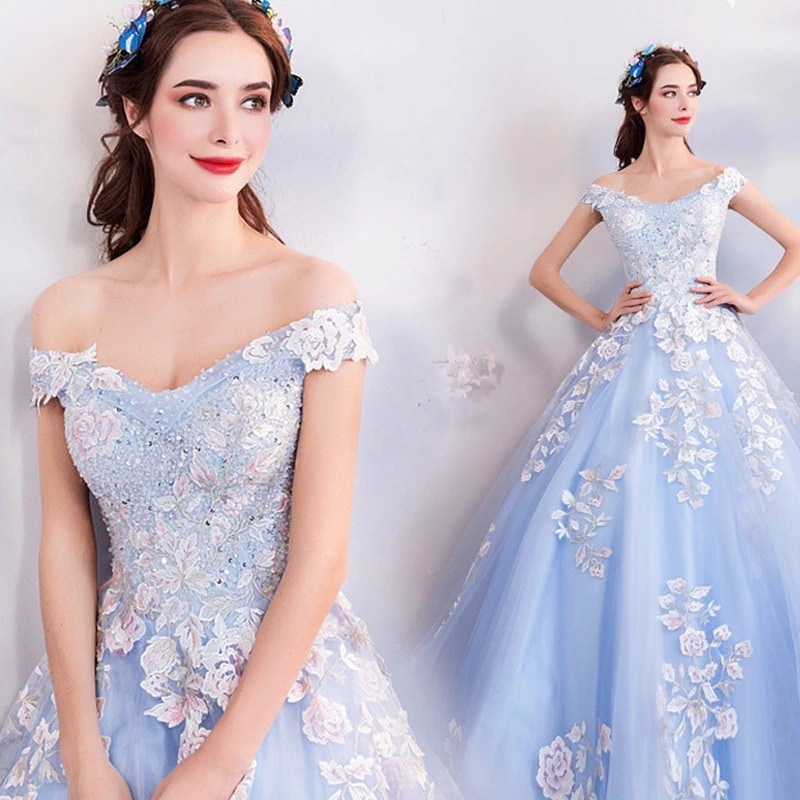 スーパーウェディングドレス2024春風ブルーフラワー花嫁結婚式乾杯ドレスアートテストウェディングドレスドレス女性用