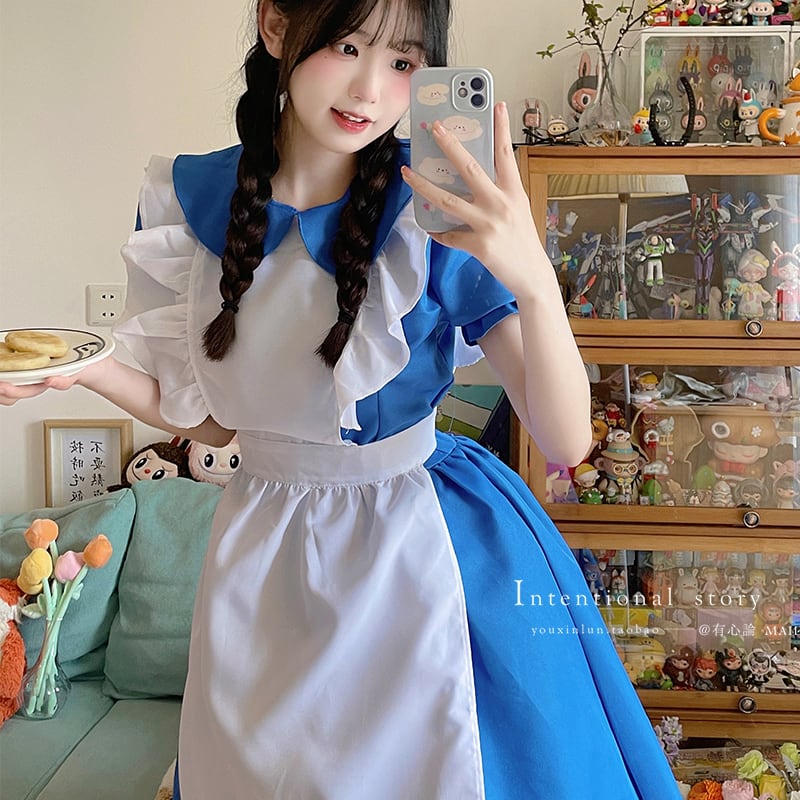 （2点）メイド服 ロング 仮装 コスプレ フリル ブルー 大きいサイズ ワンピース