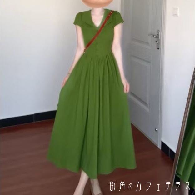 夏の新作レディース ワンピース Aライン Vネック ミモレ丈 ロング丈 シンプル きれいめ 大人かわいい キュート レトロ こなれ感 体型カバー 二の腕カバー スタイルアップ 抜け感 ギャザー フレン
