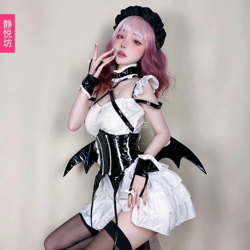 ダーク小悪魔ローカットメイドドレス甘辛ソフトガールドレスロリータコスプレコウモリドレスチュチュ