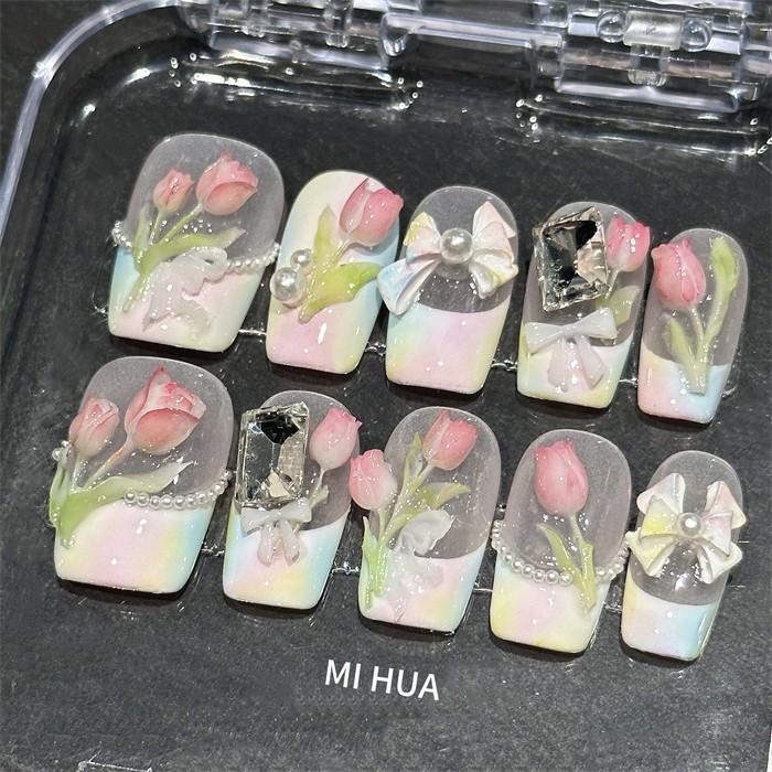 フレンチ風 つけ爪 上品 新品/第1弾キャンペーン精巧手作り 大人可愛い ハンドメイド 立体チューリップネイルチップ シンプル 清楚系ネイル 透明感 4,726円