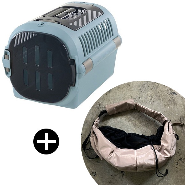 キャンピングキャリーファイン ダブルドア M ブルー + PUFF PET PUFF SLING P25001-21 ベージュ ペットキャリー セット