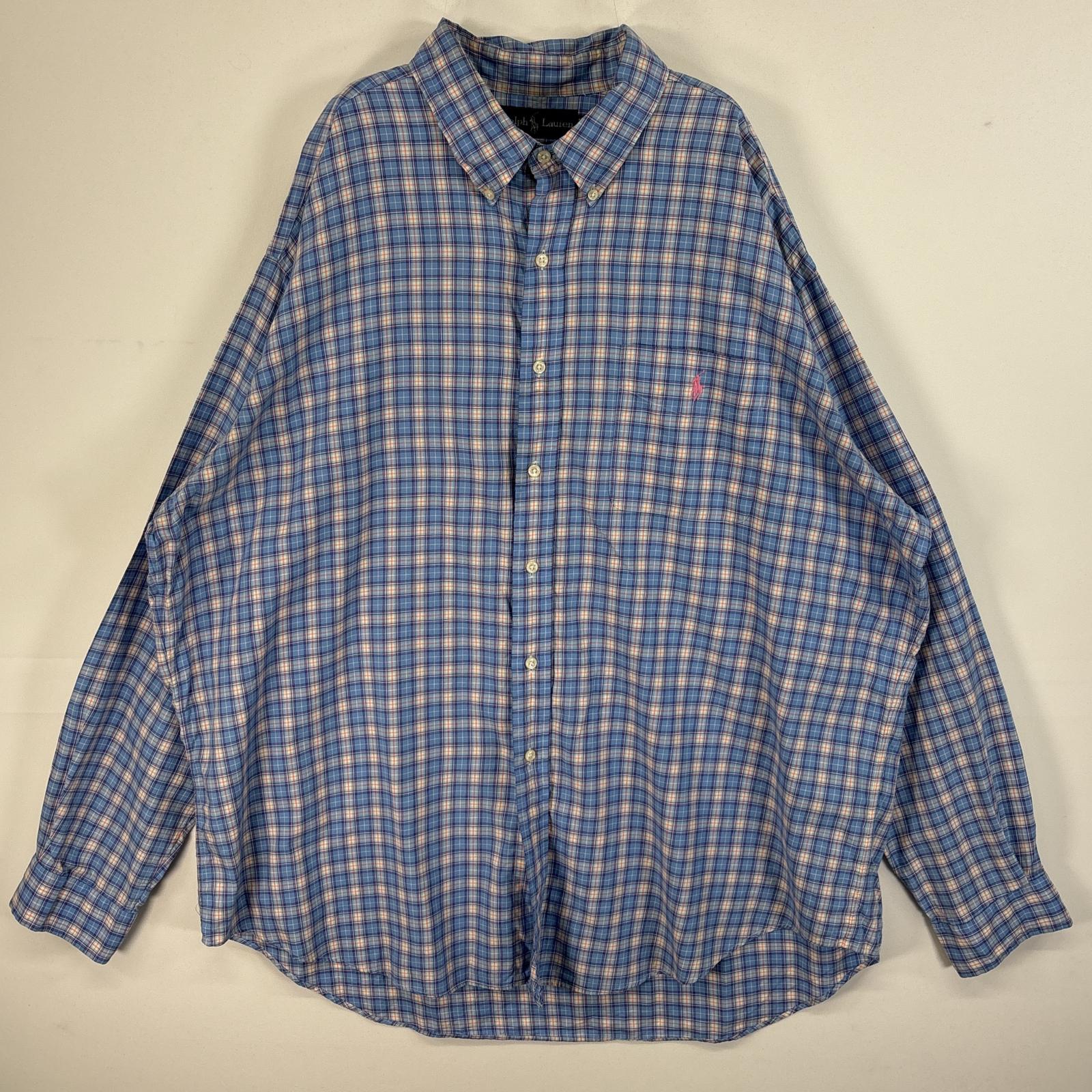 古着 長袖シャツ ロゴ 刺繍 大きいサイズ ボタンダウン XXL 水色系 マルチカラー メンズ 4,950円