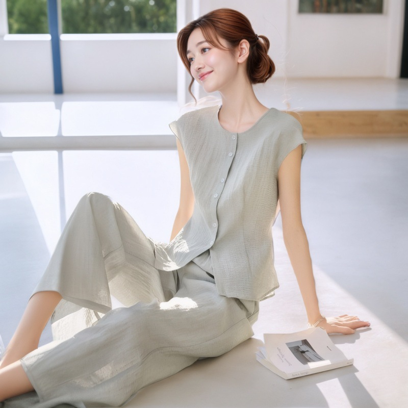 夏 韓国 おしゃれ ノースリーブ シャツ セット ゆったり ロングパンツ 2点セット