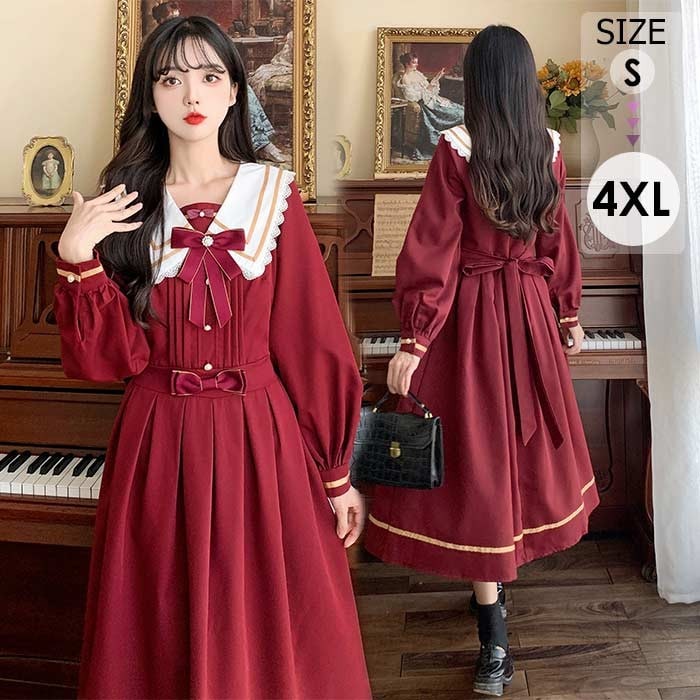 長袖 ワンピース 付け襟 ロリータ 秋冬 冬服 2WAY フレンチ レトロ エレガント ファッション かわいい おしゃれ お出かけ Aライン レディース 大きいサイズ 上品 パーティー レッド dn0