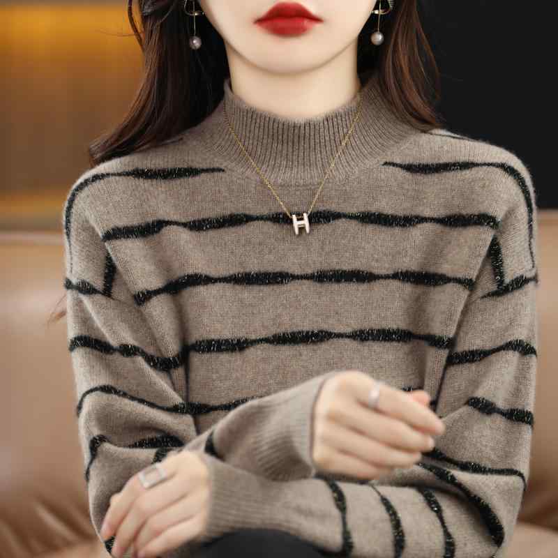 秋冬 コーデ レディース ファッション オシャレ 服 カワイイ シンプル 大人カワイイ 大きいサイズ ハーフ タートルネック ストライプ 長袖 ウール セーター プルオーバー トップス