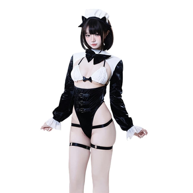 【即納】 メイド コスプレ えろい セクシー PU革 萌え 悪魔 ランジェリー ボディコン ボンデージ エナメル レディース コスチューム ワンサイズ ブラック