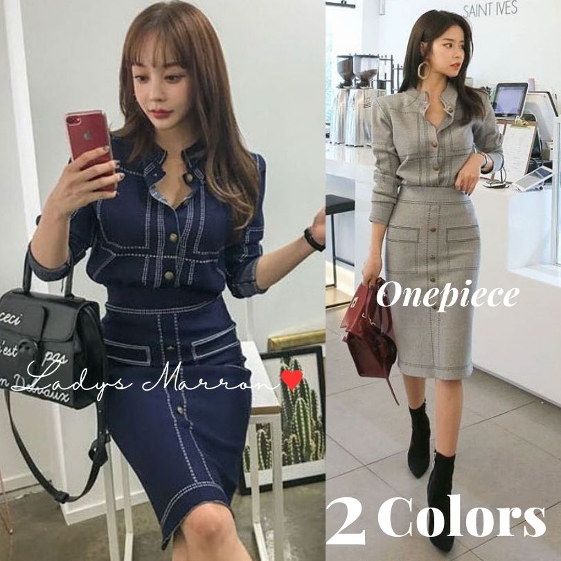 【即納】ステッチ ワンピース セットアップ タイトワンピース ニットワンピース タイトニットワンピース 韓国 上下セット 2点セット ツーピース 無地 バンドカラー 春 秋 長袖 ひざ丈 可愛い ス