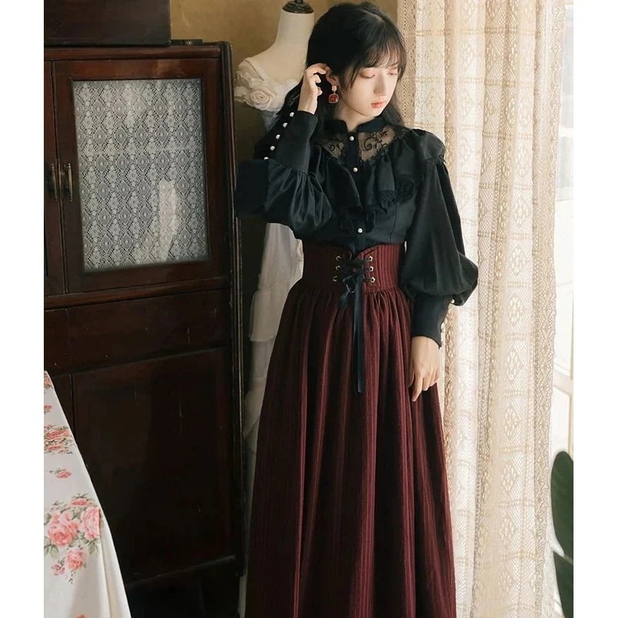 【送料無料】暗黒系ゴシックスタイルのスーツのワインレッド黒シャツ超仙学生クラス服のロングのセット