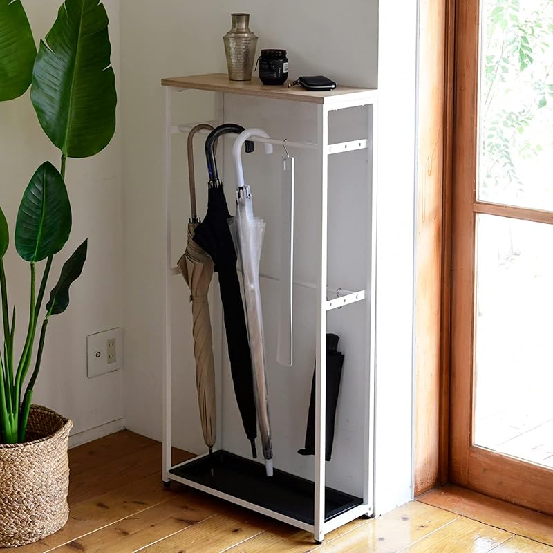 即納[山善] 傘立て (傘かけ) 玄関 スリム 70cm傘対応 幅50×奥行20×高さ103cm S字フック3個 2段 バーの奥行が変えられる(3段階) 組立品 ナチュラル/マットホワイト R