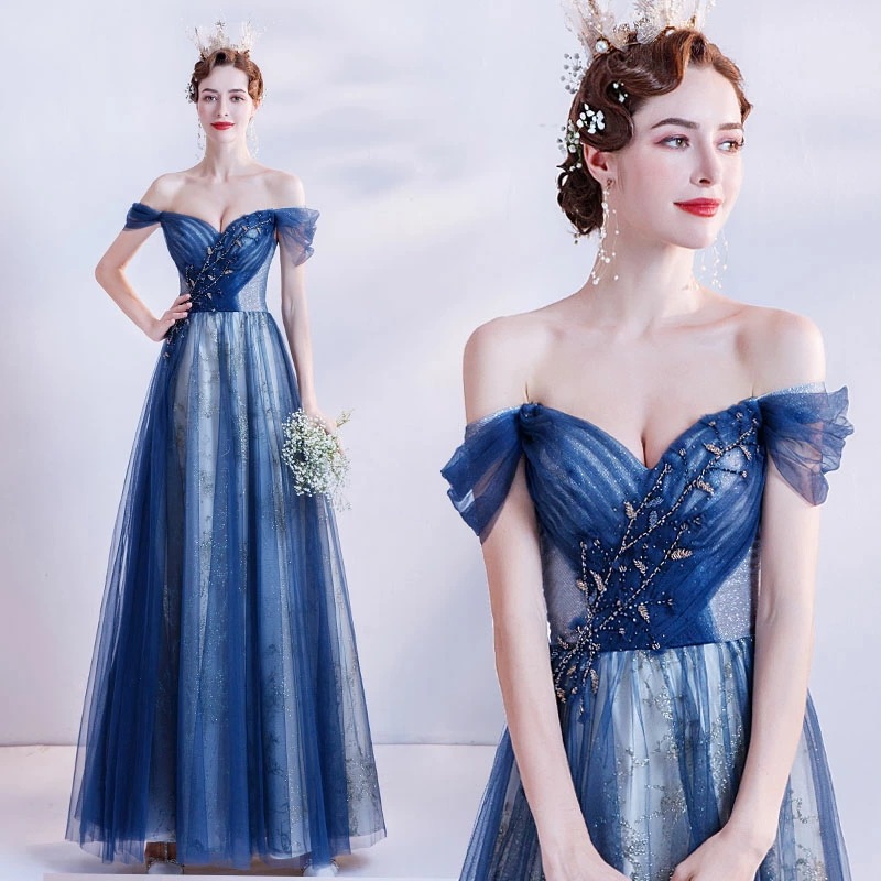 結婚式 ワンピース イブニングドレス フォーマルドレス オフショルダー パーティードレス ドレス ロング ブルー ウェディングドレス フォーマル 服 着痩せ 大人 上品 20代30代40代 大きいサイ 21,758円