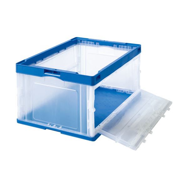 （まとめ）TANOSEE 折りたたみコンテナ フタなし 長辺扉付 75L ダークブルー/透明 1台 3セット