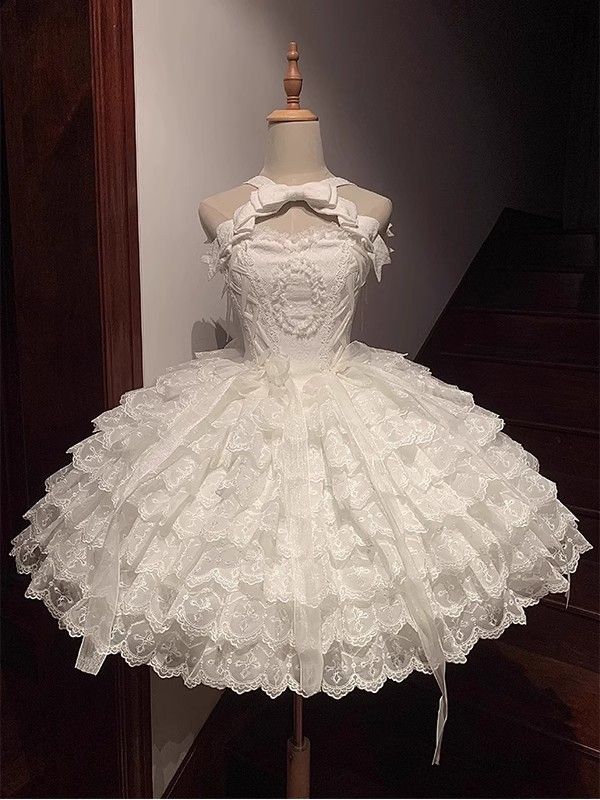 【2枚購入で 3oo円OFF！】白い甘いバレエスタイルリトルフラワー結婚ホルターネックロリータスカートjskロリータパフプリンセススカート