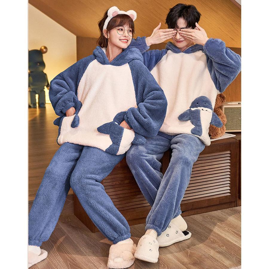 ウェア 着ぐるみ パジャマ レディース 大人用 動物 サメ 冬 もこもこ ペアパジャマ 秋 上下セット 2色お揃い ペアルック 寝巻き ガウン 怪獣