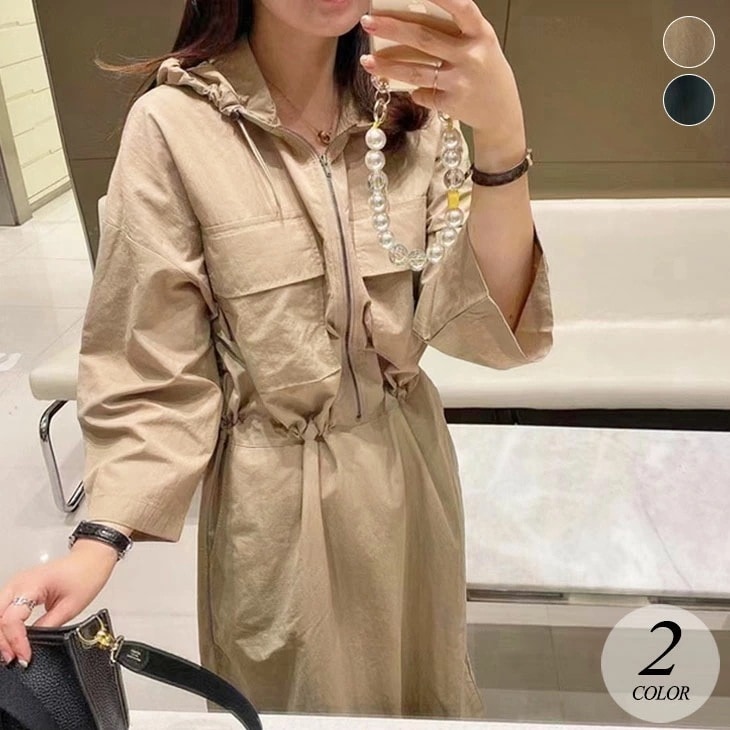 【2025新作 急速出荷】フード付き 七分袖 プルオーバー ロング ワンピース ミモレ ミリタリー シャツ レディース 可愛い カジュアル 上品 きれいめ 春 秋 冬 無地 韓国ファッション