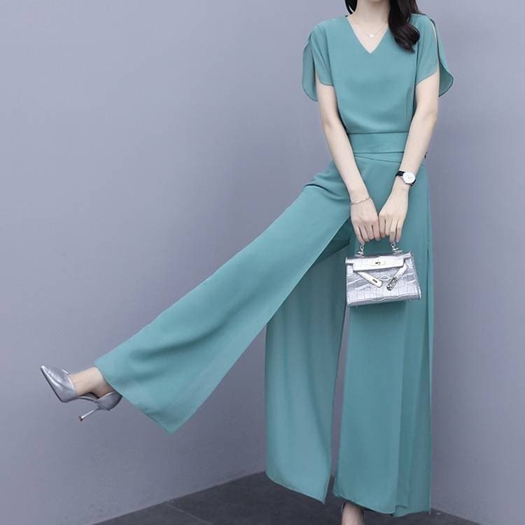 新品入荷 セットアップ パンツスーツ レディース ブラウス 半袖 スーツ スリット シフォン レイヤード イレギュラーヘム ハイウエスト 切り替え 上下セット ベルト パンツ スラックス オフィスカジ