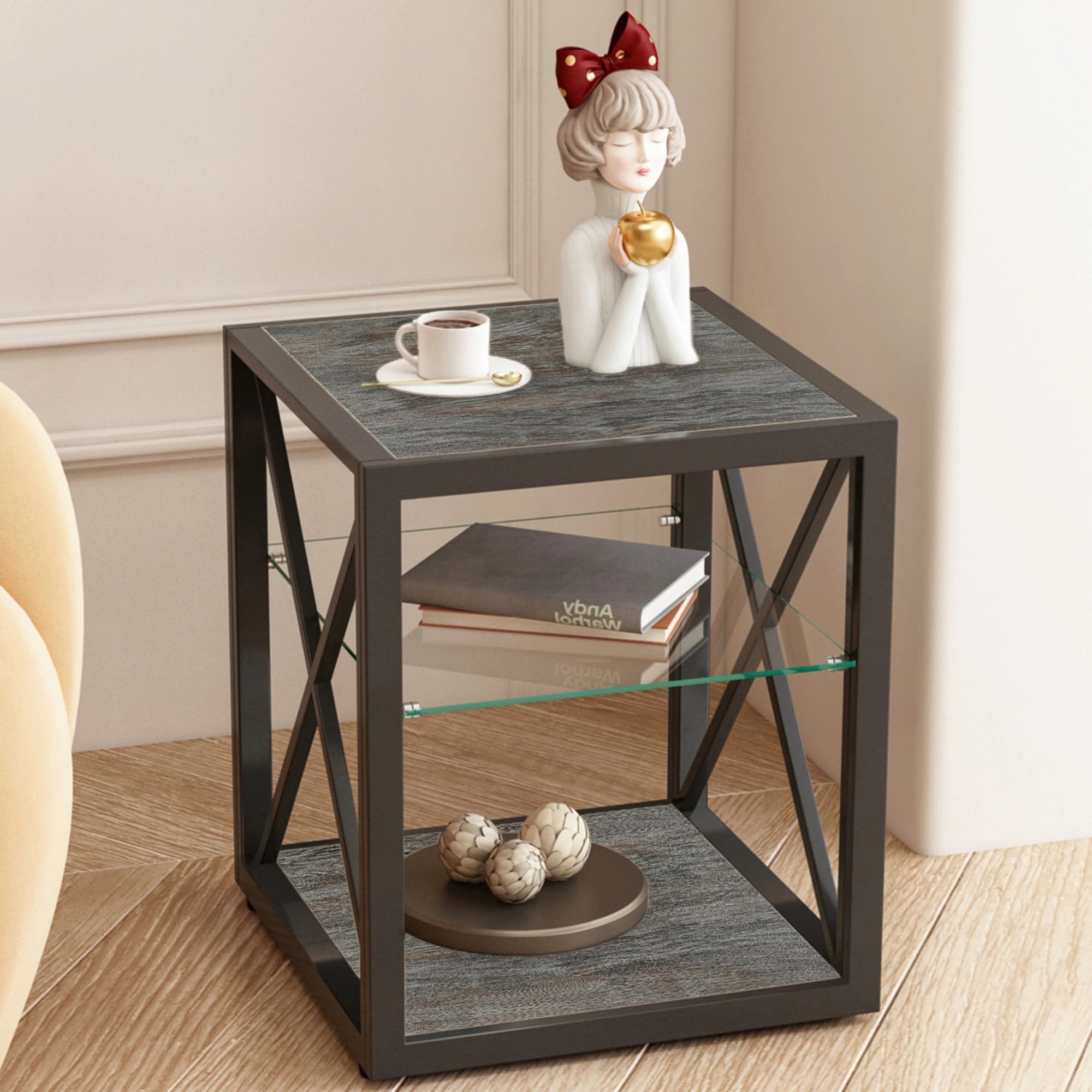 【国内発送&送·料·無·料】1点 寝室・リビング用 インダストリアルスタイル 強化ガラス天板×ウッド調MDF エンドテーブル*412