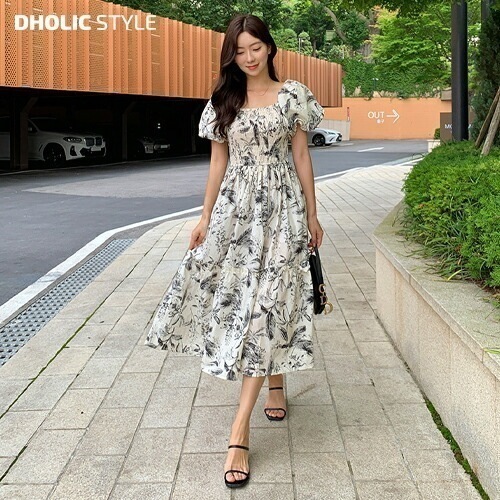 [メガ割りSALE]フラワースクエアネックシャーリングバルーンワンピース・p676426