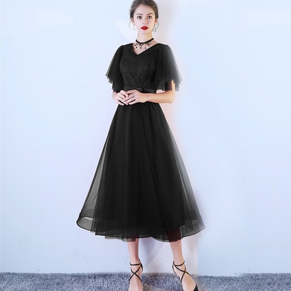 新品 レディース ロングドレス パーティードレス 結婚式 ワンピース ドレス 袖あり ミモレ丈 レース 花嫁 お呼ばれ 二次会 卒業式 成人式 謝恩式 食事会 着痩せ 可愛い 大人 上品 黒