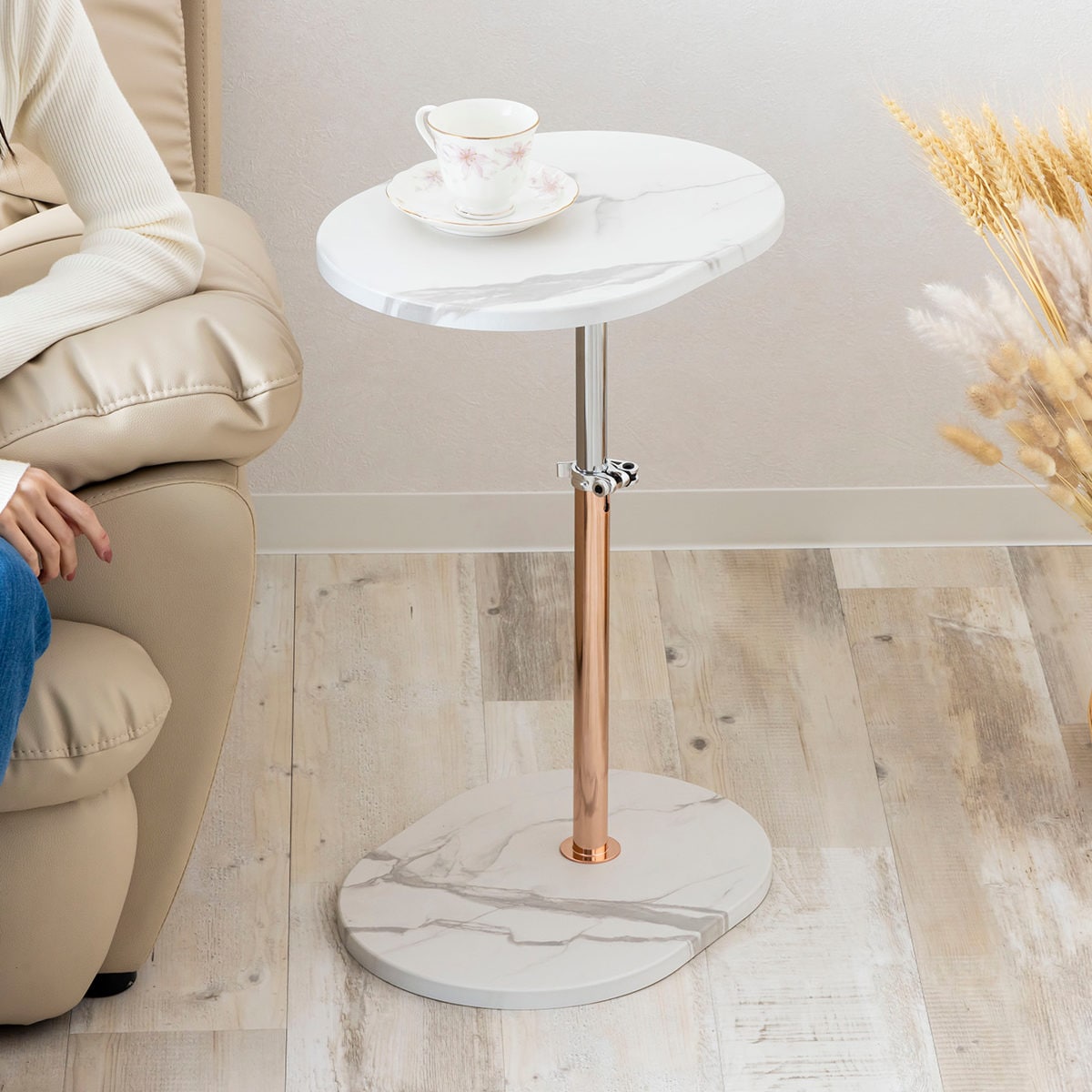 サイドテーブル 昇降式 高さ41.5ー64.5cm 高さ調節 大理石調 ピンクゴールド ナイトテーブル ミニテーブル ソファ ベッド 横 高級感 エレガント 上品 玄関 リビング 寝室