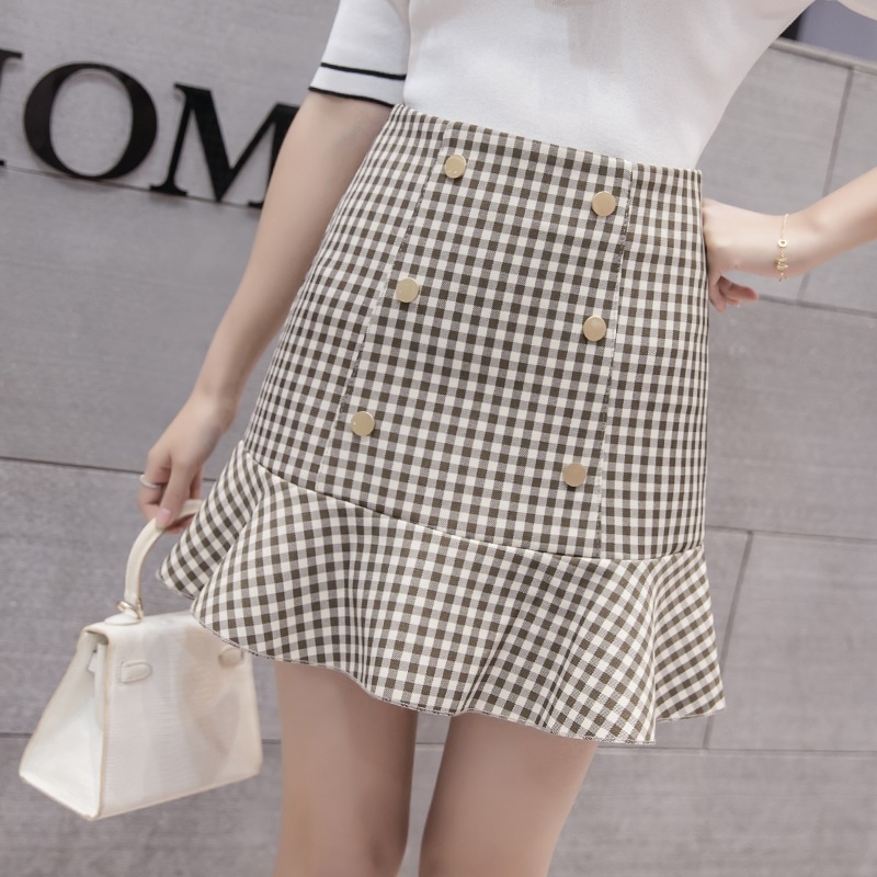 3017.チェック柄Aラインダブルブレストスカート（カーキ）
