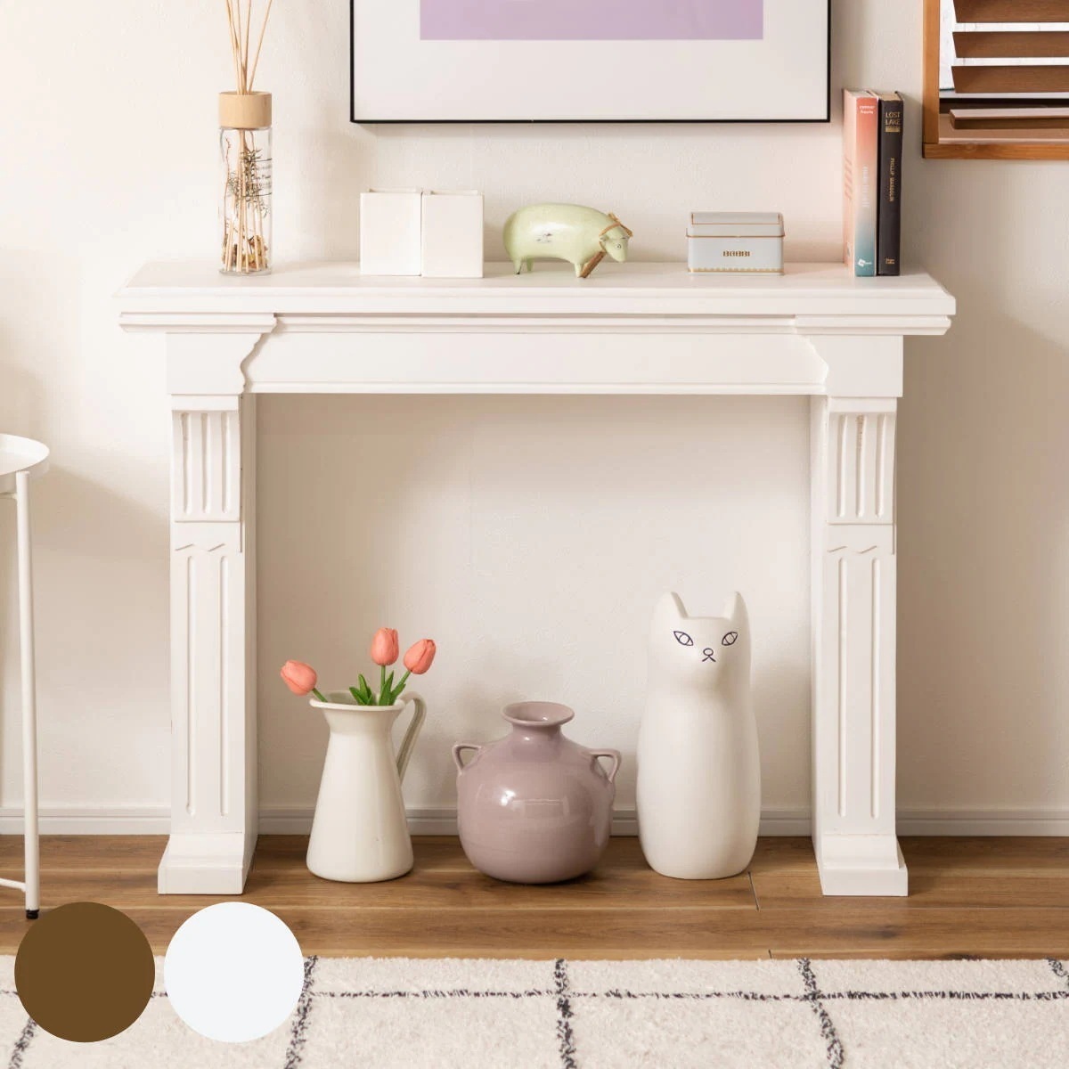 マントルピース 幅100cm 天然木 アンティーク調 飾り棚 ディスプレイ 棚 木製 スリム おしゃれ クラシック 装飾 レトロ ブラウン ホワイト