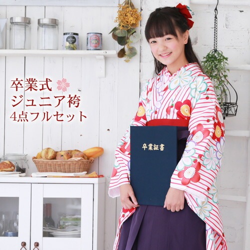 販売ジュニア 袴 セット 卒業式 女の子 小学生 4点フルセット 購入 卒業式袴セット ジュニア着物＆袴白地にピンクの縞と梅菊レトロ モダン 販売 安いzu