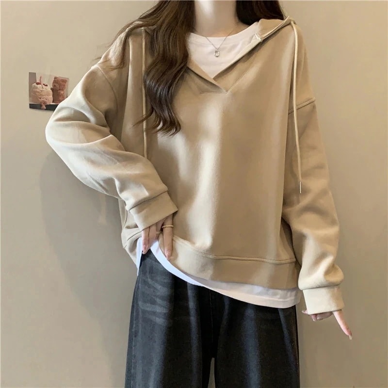 ゆったりスウェットvintage连帽卫衣女春秋季薄宽松显瘦拼接设计感小众假两上衣パーカー韓国ファッション