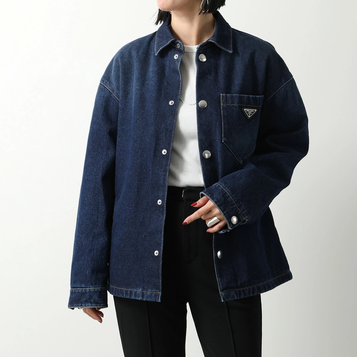 PRADA プラダ ジャケット GEC071 13HO レディース パッド入り デニムシャツ ブルゾン ヴィンテージ加工 胸ポケット トライアングルロゴ F0008/BLEU