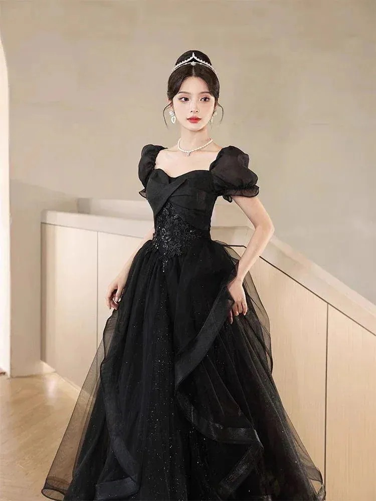 【3日で出荷】女性のための黒のイブニングドレス宴会気質ハイエンドディナーロングエレガントスタイル