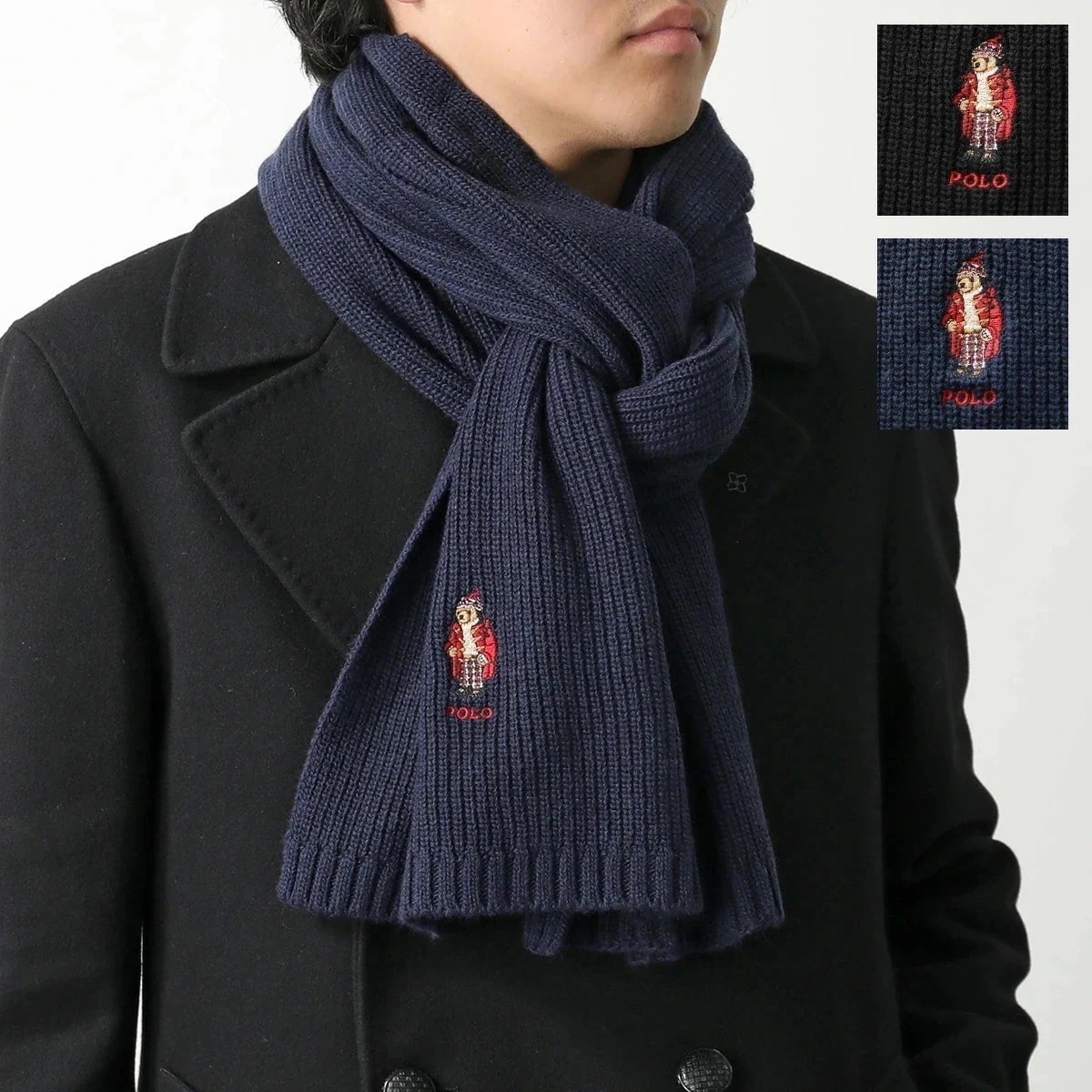 Polo Ralph Lauren ポロラルフローレン マフラー PC1300 メンズ テディベア ロゴ刺繍 リブ ウールブレンド ストール カラー2色
