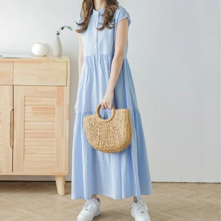 レディース ワンピース シャツワンピ ミモレ ロング フレンチスリーブ スタンドカラー Aライン ティアード フェミニン バックリボン バックコンシャス ボタン 大人可愛い きれいめ シンプル 上品