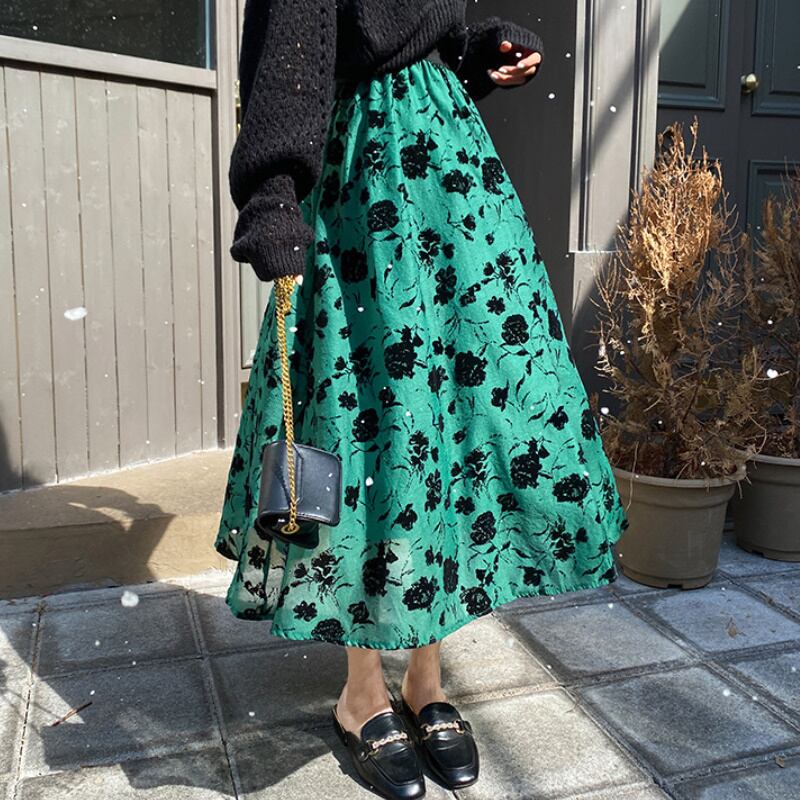 3color レディース ボトムス スカート 花柄 ロング丈 楽ちん レトロ ヴィンテージ