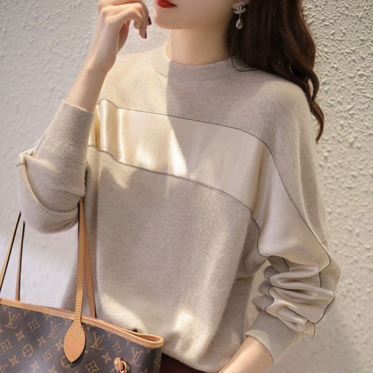 トップス Tシャツ カットソー プルオーバー 袖あり 長袖 Uネック ラウンドネック 切り替えデザイン 無地 ボーダー オールシーズン シーズンレス かわいい 可愛い きれいめ シンプル