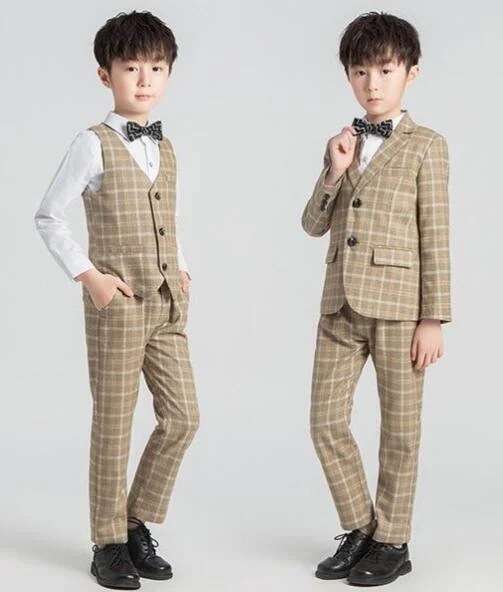 チェック柄フォーマルスーツ 男の子 スーツ キッズ 子供 4点/5点セット ベスト　春秋冬　スーツジャケット長袖ワイシャツ 上下セット タキシード ジュニア 入学式 卒業式 七五三 結婚式 発表