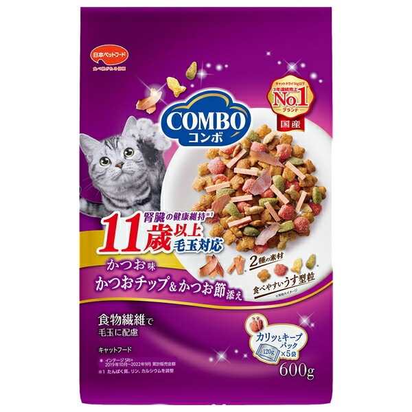 （まとめ買い）日本ペットフード コンボ キャット 毛玉対応 11歳以上 かつお味/かつおチップ/かつお節添え 600g 猫用フード [x6]