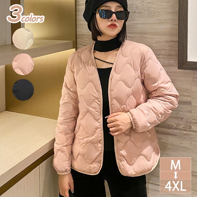 ダウンジャケット レディース ダウンコート 襟なし aライン 着痩せ 撥水 大きいサイズ 持ち運びが簡単 カジュアル 柔軟性 携帯ポーチ付 前開き 防寒着 超薄い ダウンジャケット Vネック 丸首 暖