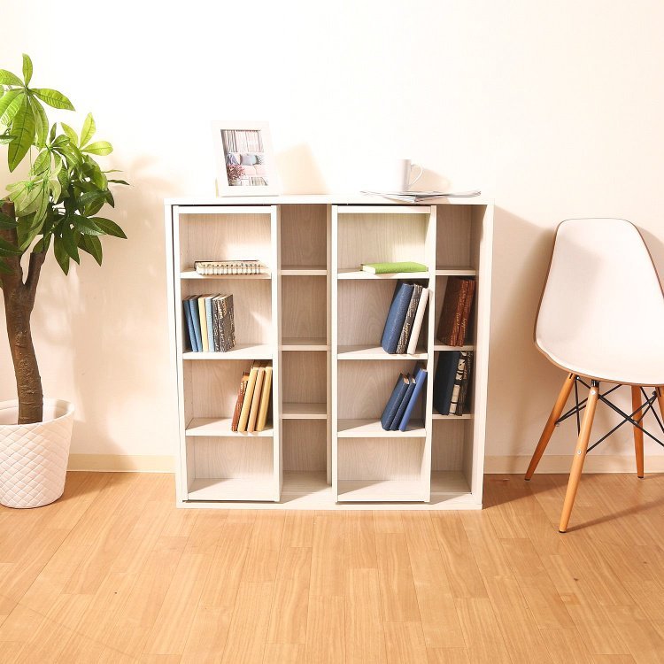 本棚 おしゃれ ダブルスライド 89×29×89cm ホワイトウォッシュ