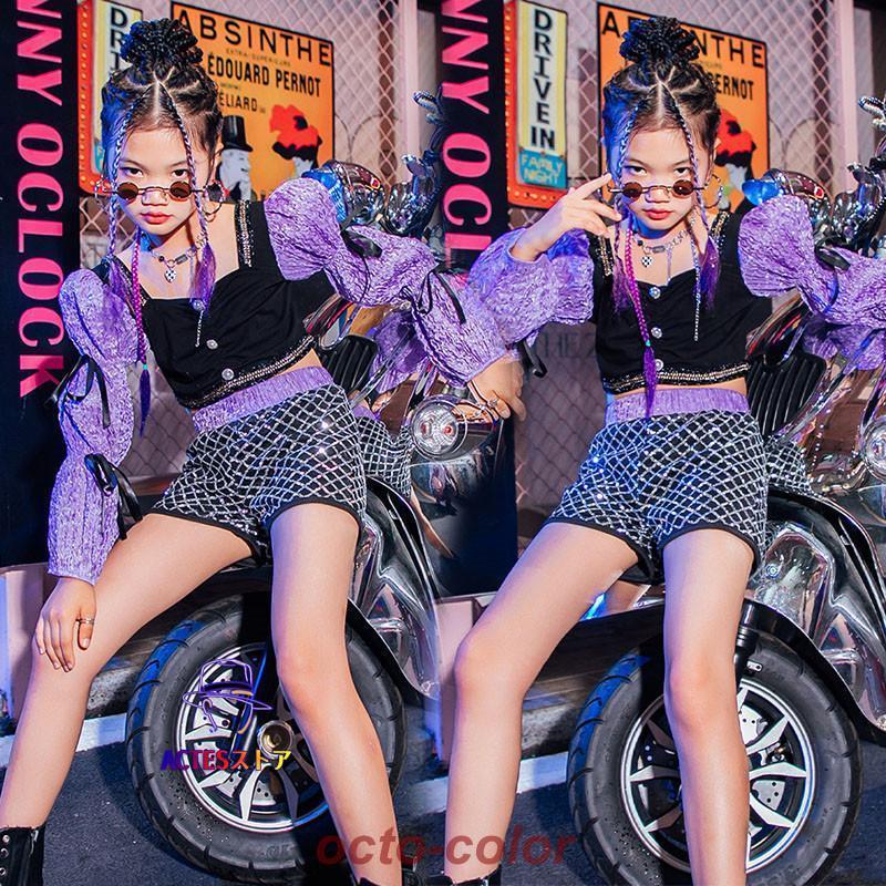 ダンス衣装 ヒップホップ 女の子 長袖 パープル 黒 トップス 切り替え チェック柄 パンツ へそ出し キッズ ガールズ 女の子 セットアップ 派手 K-POP 韓国 ス