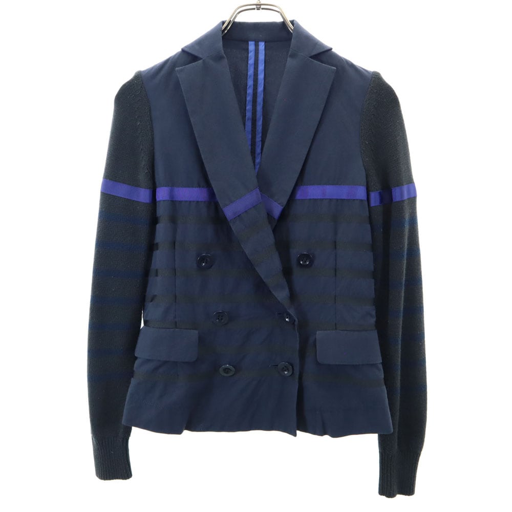 サカイラック 日本製 ボーダー柄 ニット切替 ダブル ブレザー 1 ネイビー sacai luck アンコン レディース